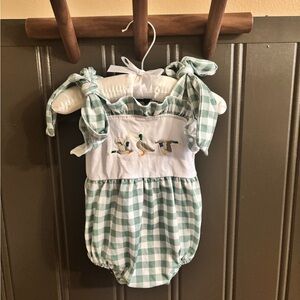Green Gingham Baby Romper with Duck Embroidery